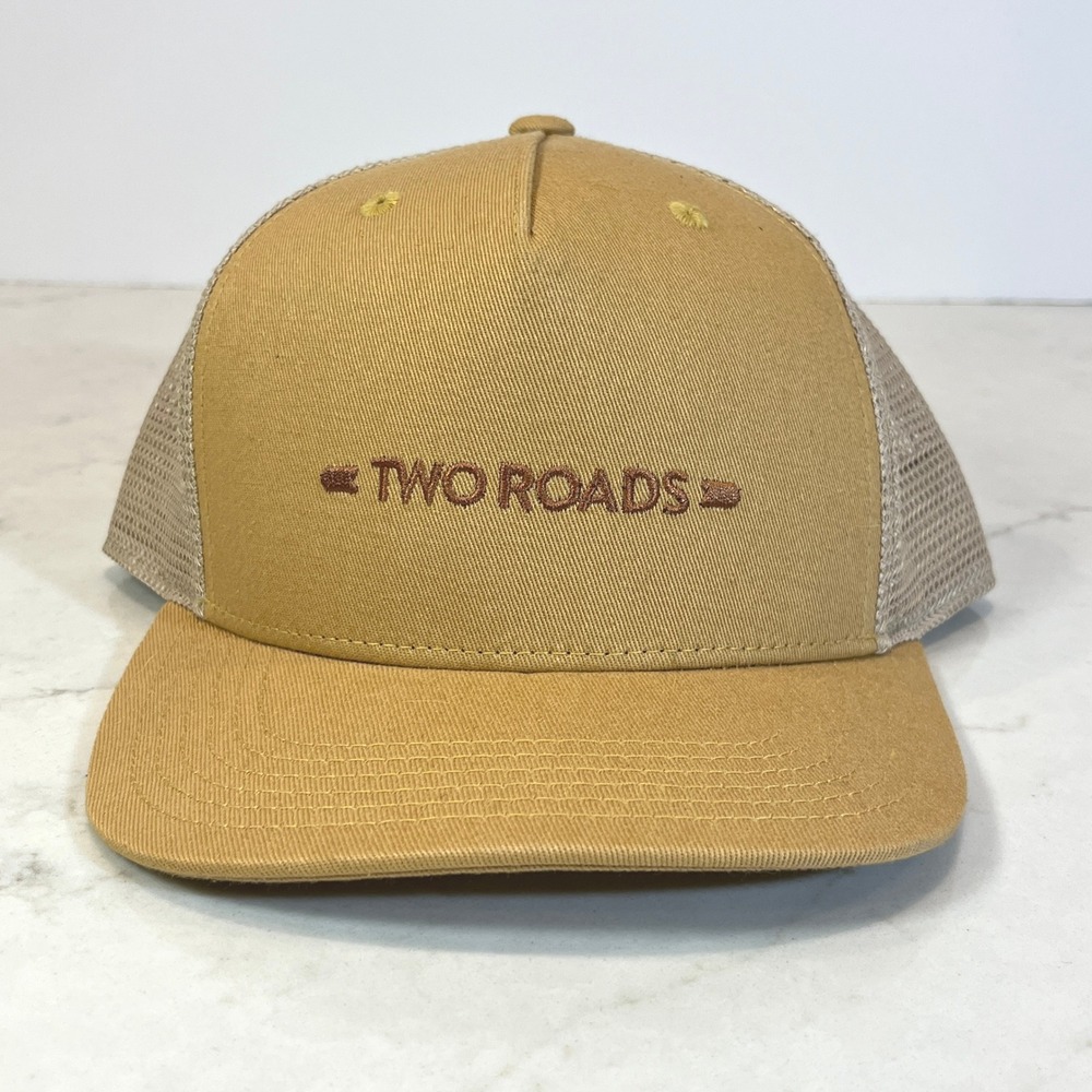 Two Roads Trucker Hat Unisex OS Tan Cotton Blend Mesh Back Snapback Logo